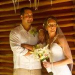 couple planning wedding destination location sand mexico photo