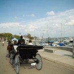 mackinac island boat harbor carriage ride wedding photo