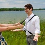 fun engagement image suspender snap couple picture