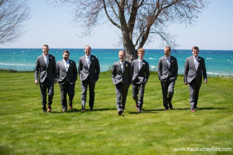 grey tux groomsmen wedding lake michigan 