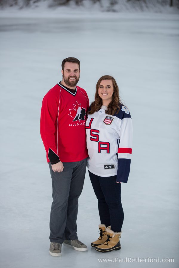 winter ice rink engagement photo